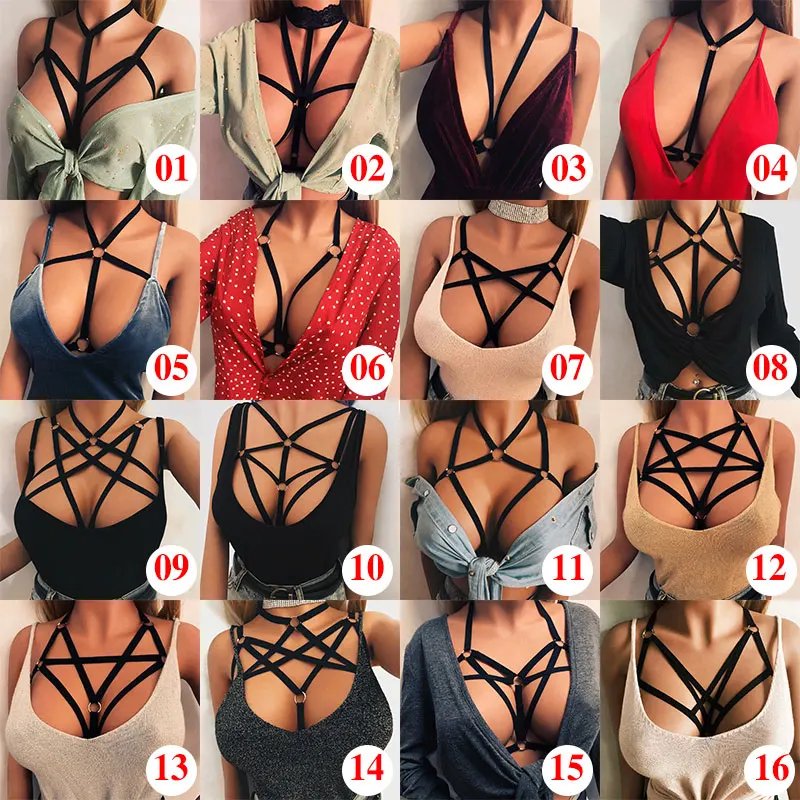 

Body Harness Lingerie Belt Crop Tops Caged Harness Bra Black Sexy Hollow Out Elastic Adjust Strap Bra Dance Rave Wear for Women