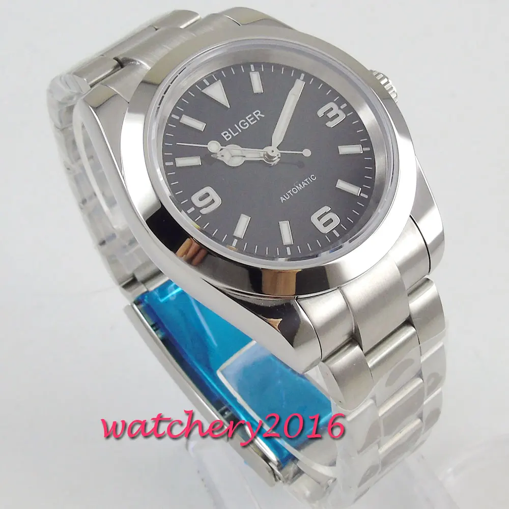 

Valentines gifts 40mm Bliger Black Dial Deployment clasp Luminous Hands Automatic Mechanical men's Watch