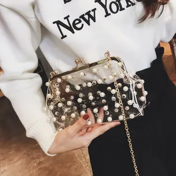 

Fashion Designer Pearls Jelly Transparent Bag Clutch Jelly Bag Shoulder Messengers Bags Women PVC Small Chain Handbag for Girls