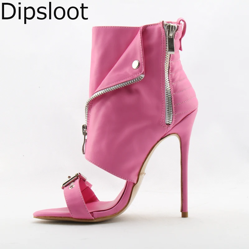 

Dipsloot Sexy Ankle Strap Metal Buckle Leather Cloth Pattern Sandals Women Peep Toe Zip Ladies Street Motorcycle Sandalias Shoes