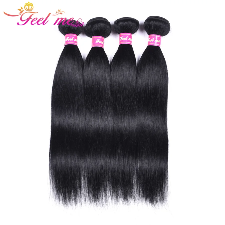 Feel Me Indian Straight Hair Bundles #1 Jet Black Human Hair Bundles Hair Weaves 10-26inch Pre-Colored Hair Extension Non Remy