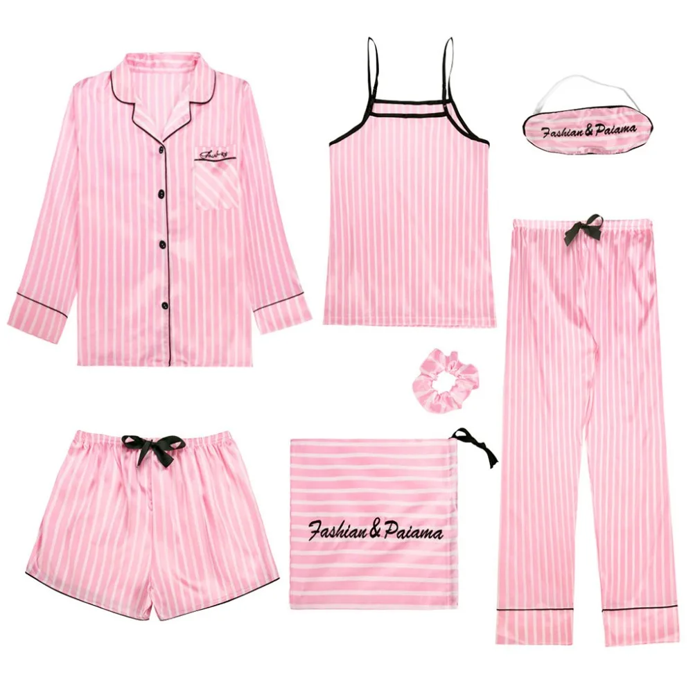 7 шт пижамы набор Для женщин Повседневное пижама из искусственного шелка в полоску красивое белье Розовый Новый