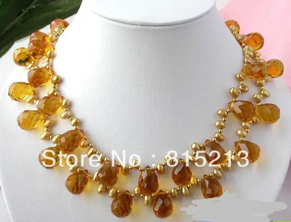 

ddh00349 2ROW FACETED CITRINE CRYSTAL GOLD FW PEARL NECKLACE