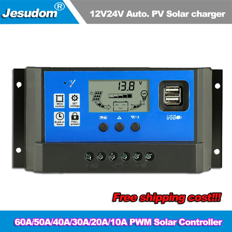

60A50A40A30A20A10A 12V 24V Auto Solar Charge Controller PWM With LCD Dual USB 5V Output Solar Cell Panel Regulator PV Home