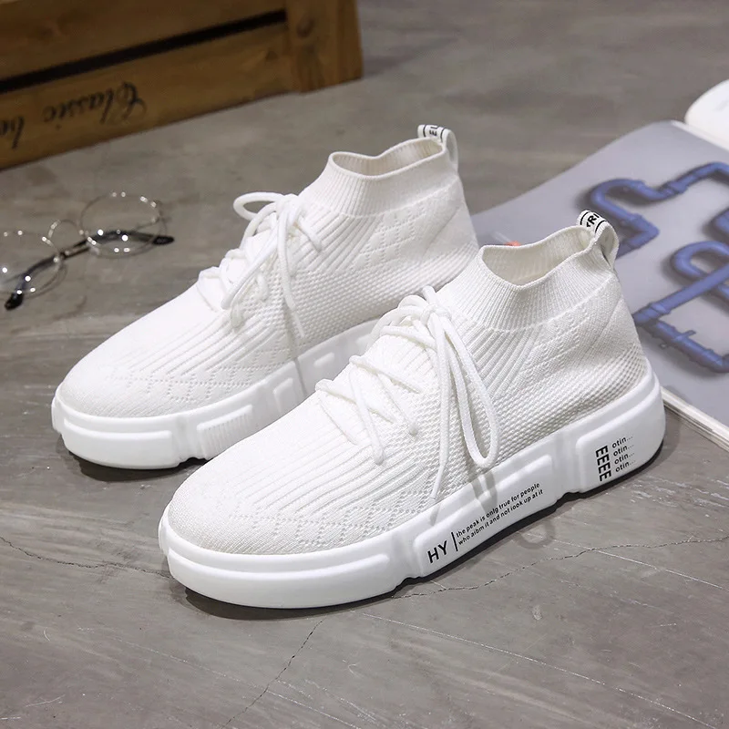 

2018 Autumn Platform Sneakers Women Famale Knit Upper Socks Shoes Outdoor Walking Athletic Shoes Running Shoes White Red Jogging