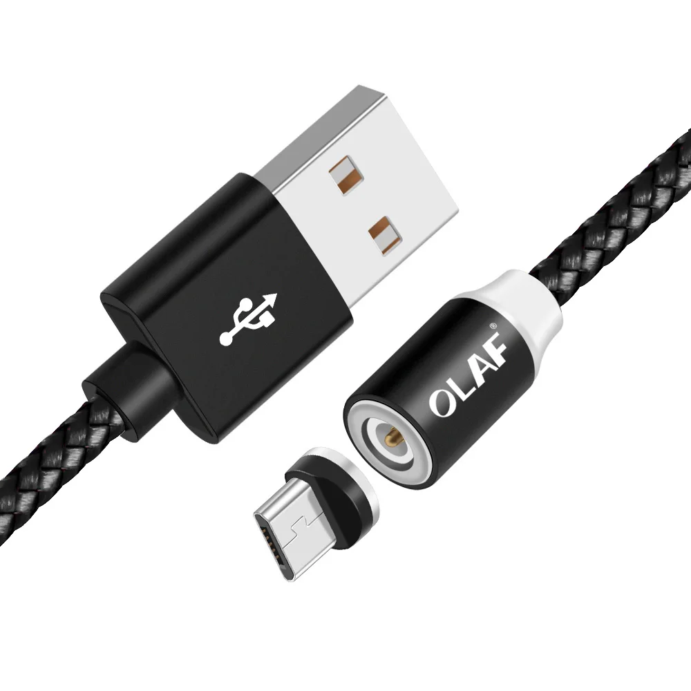 Магнитный зарядный кабель OLAF 1 м, кабель Micro USB для iPhone XR XS Max X Magnet charger usb type C, светодиодный шнур для зарядки USB C - Цвет: Cable-Plug Black
