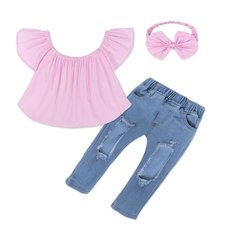 toddler baby girl summer clothing kid girl Off Shoulder Crop Tops pink+broken hole pants+Headband 3pcs Outfits Set