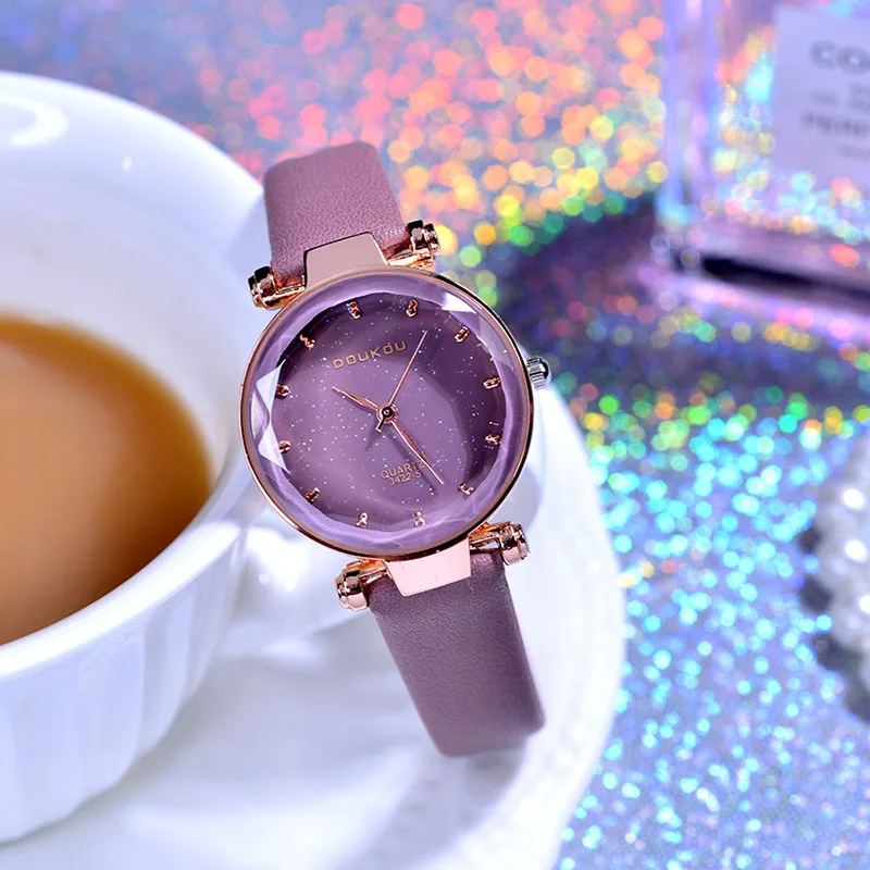 

1 Pcs Women Quartz Watches Starry Sky Small Dial Masonry with PU Leather Band LXH