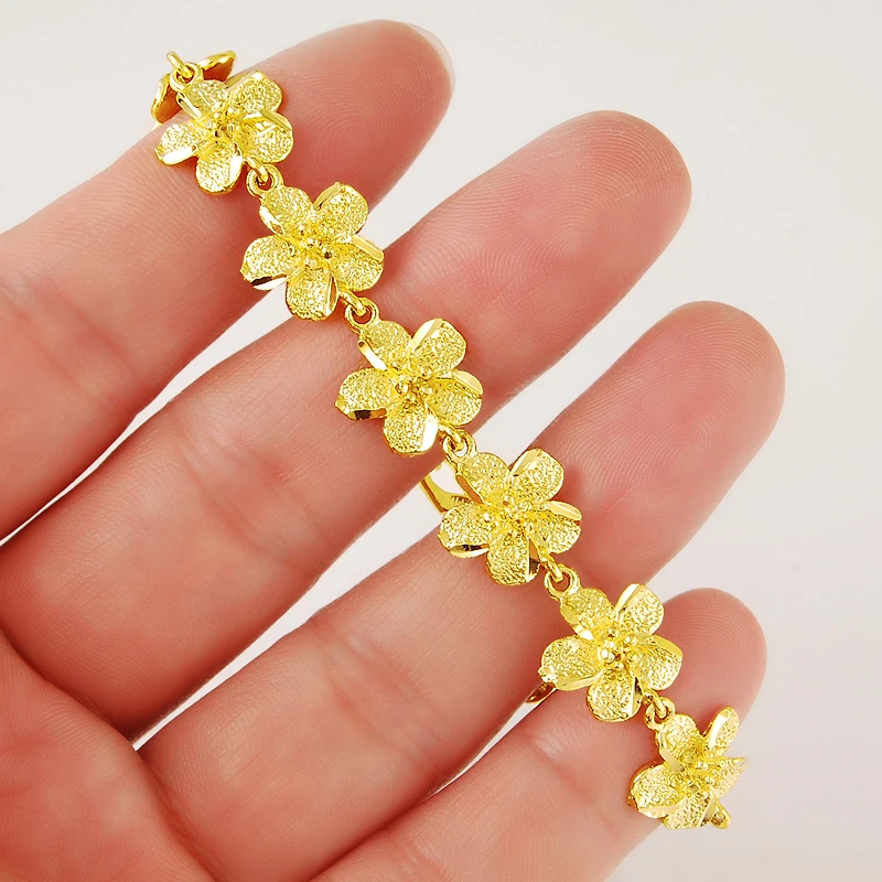 

High Quality 24K Gold Plating Bracelet Exquisite Flower Link Chain 18.5CM Long Yellow Gold Color for Women Girls Luxury Gift