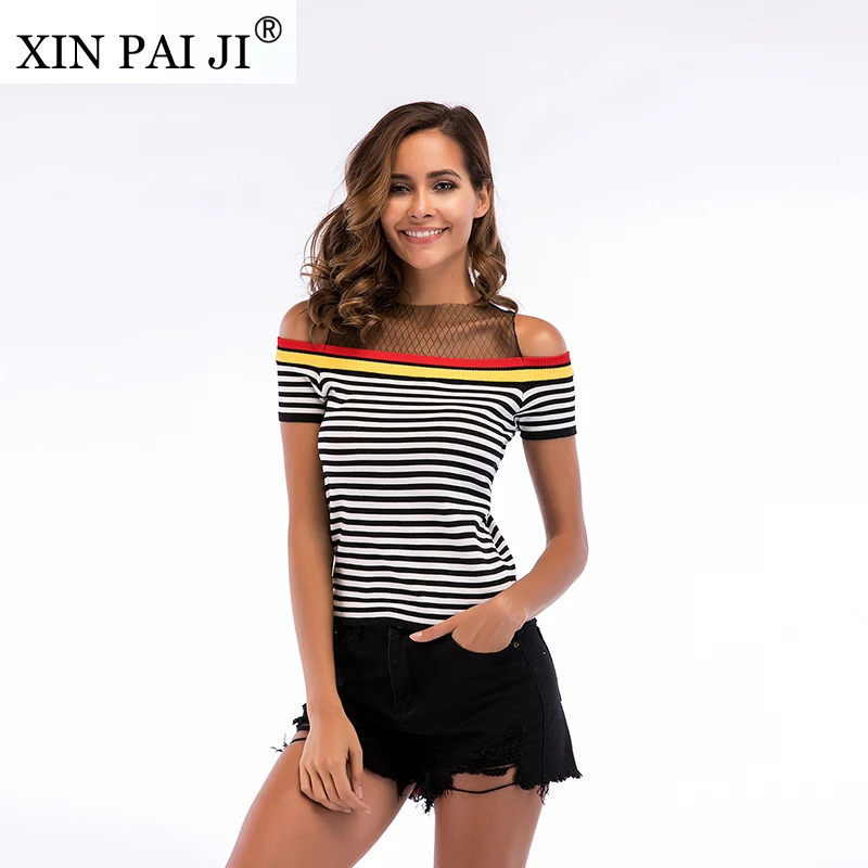 

New Fashion T Shirt Women Tops Mesh Stitching Slash neck Striped Knitted Tees Summer Short Sleeve T-Shirt Female