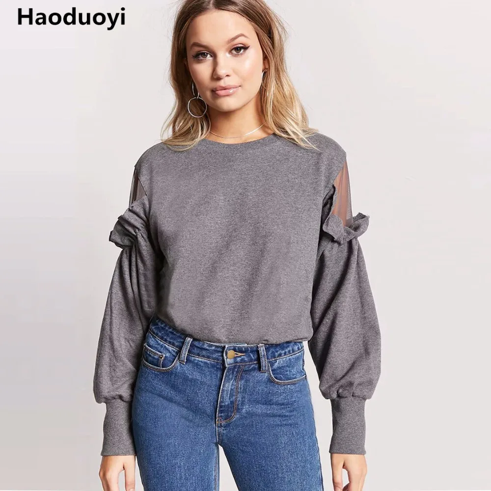 Haoduoyi Fashion Dark Grey Women Casual Loose Sweatshirt Mesh Semi Sheer Shoulder Patchwork 