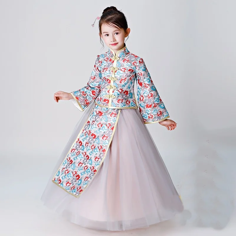 Традиционный китайский национальный костюм для мальчиков; сценические костюмы с длинными рукавами для девочек; праздничная одежда; китайское платье; Ципао для девочек; AA4556
