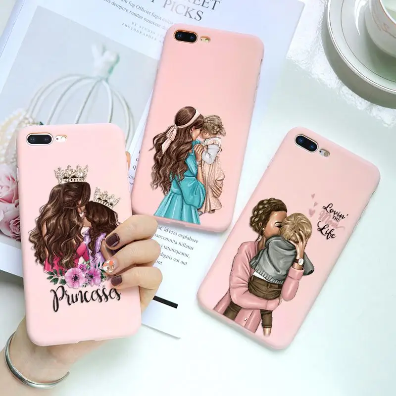 

Black Brown Hair Baby Mom Girl Queen Pink Matte Coque For iPhone 8 Plus 6 6S XR XSMax XS X Soft TPU Woman For iPhone 7 Plus Case