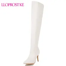 Lloprost ke/на осень-зиму черные ботинки с высоким голенищем Женские очень высокий каблук более-колено высокие сапоги блестящие Искусственная кожа короткие ботинки