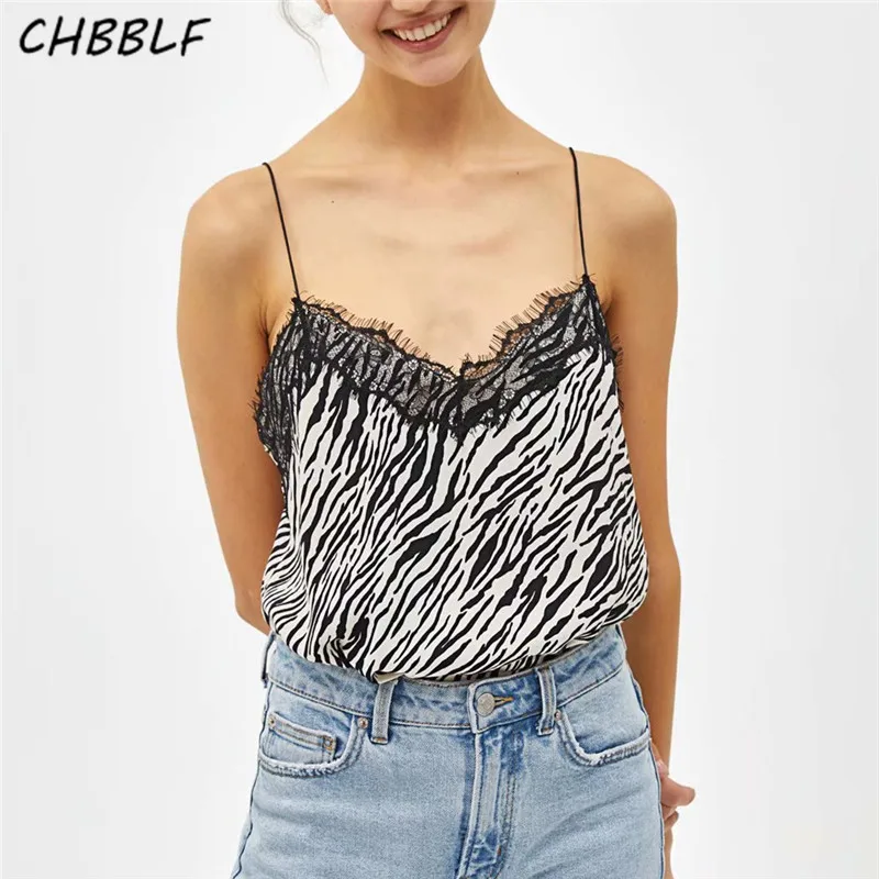CHBBLF women sexy zebra print lace tank tops camis blouse animal pattern sleeveless shirts