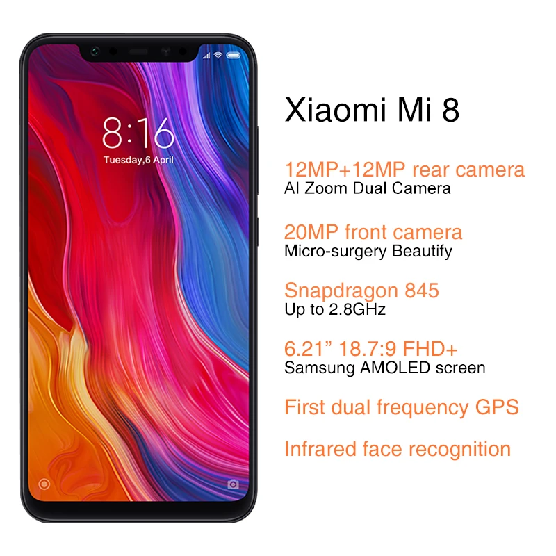 Глобальная версия Xiaomi mi 8 6 Гб 64 21 &quotполный Экран Snapdragon 845 Octa Core 20MP Фронтальная