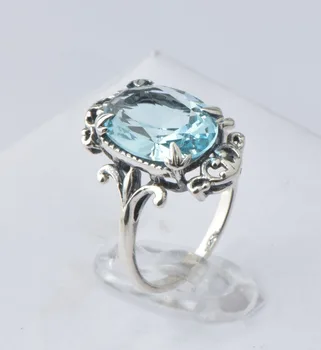 

Free shipping exquisite ancient silver hollow out contracted 925 sterling silver fashion aquamarine ring women present