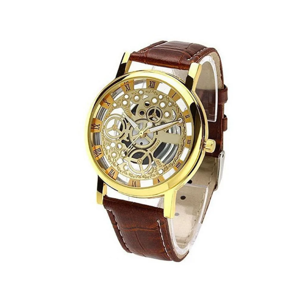Модные деловые часы со скелетом, Мужские кварцевые наручные часы с гравировкой, с кожаным ремешком, женские часы, Relojes Mujer