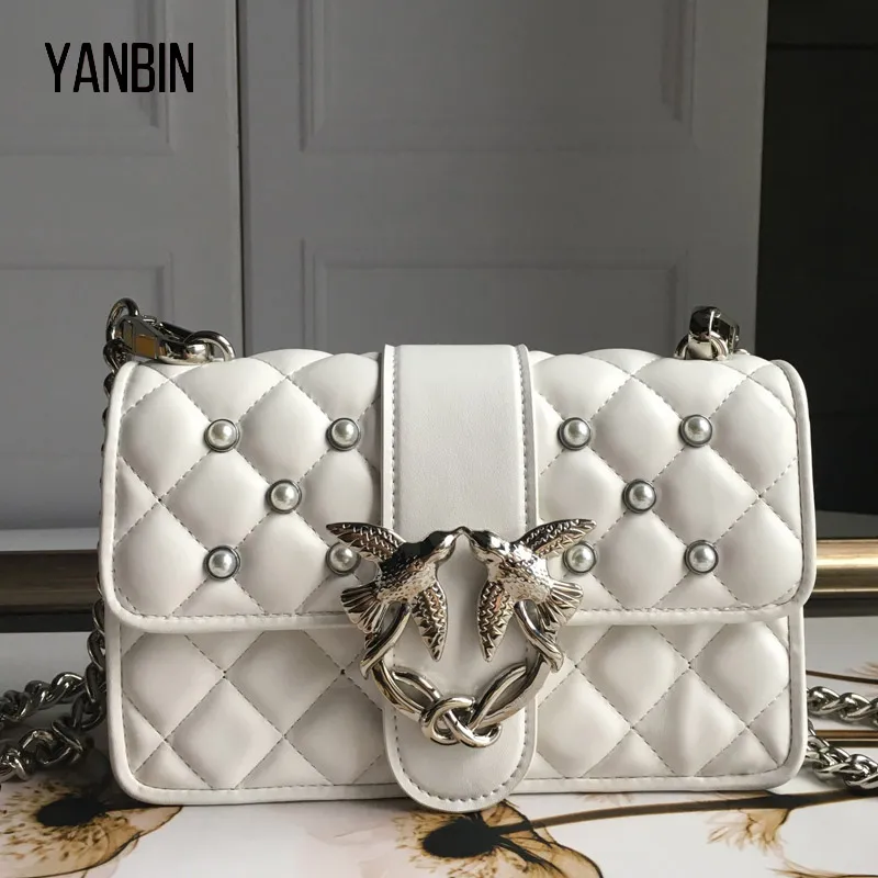 

Newest Fashion swallow lock messenger bag luxury famous brand style bags women pearl handbag sheepskin chains flap small size