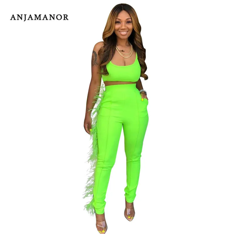 

ANJAMANOR Sexy Club Outfits Women 2 Piece Set Feathers Tassel Neon Green Black Matching Sets Trend Wholesale Clothing D91-AD53