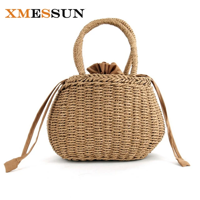 Bucket Basket Beach Bag for Summer Big Straw Bags Handmade Woven Tote Women Travel Handbags