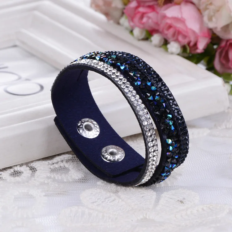 

New Fashion Women Blue Black Leather Velvet Wrap Wristband Cuff Bangle Bracelets Punk Mix Crystal Rhinestone Bracelet Jewelry