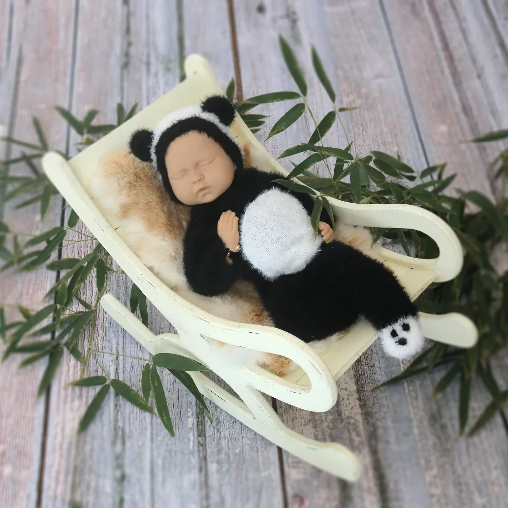 

Newborn Panda Outfit Knitted Baby Bear Footed romper bonnet set Baby Panda girl boy Overall Sitter for Photography props