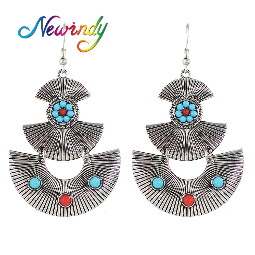 Newindy Boho Earrings Ethnic Style Antique Gold Silver Color Statement With Rhinestone Red Blue Stone For Women Jewelry | Украшения и