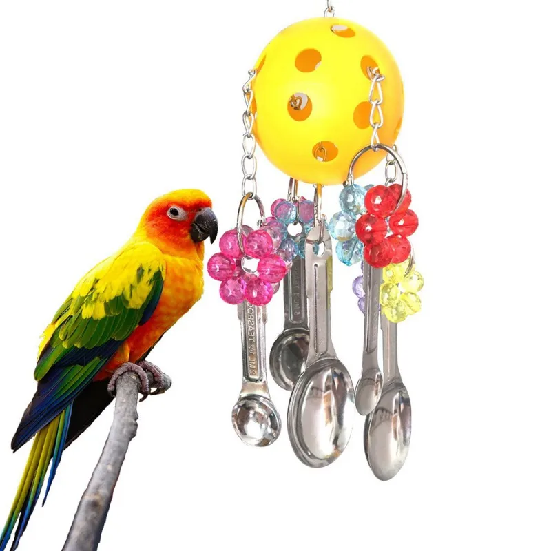 

Bird Chew Toy Parrot 5 Hanging Stainless Steel Spoon String Acrylic Rings Pet Safe Playing Useful Accessory Color Mixing
