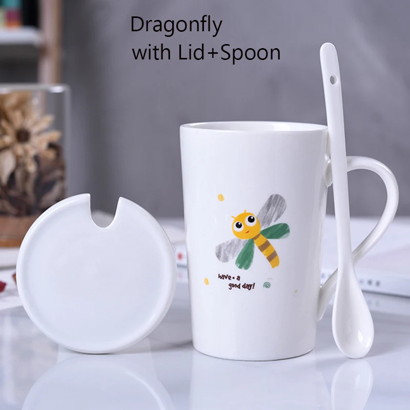 Unibird 400 мл Мультяшные керамические кружки с чаем для заварки влюбленных подарок кофейные кружки Питьевая чашка посуда для напитков молочный стакан для завтрака - Цвет: Dragonfly Spoon Lid