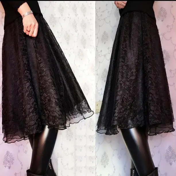 

Spring new lace skirt women Elastic waist A line black swing Leisure casual ol skirt