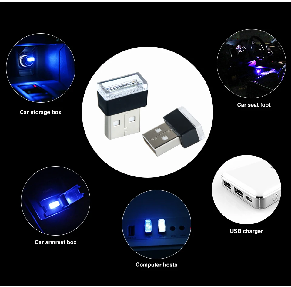 Foxcncar LED Car USB Lights Auto Interior Lamp 5V whiteblueredpink car accessories For bmw peugeot USB Plug Play night light (2)