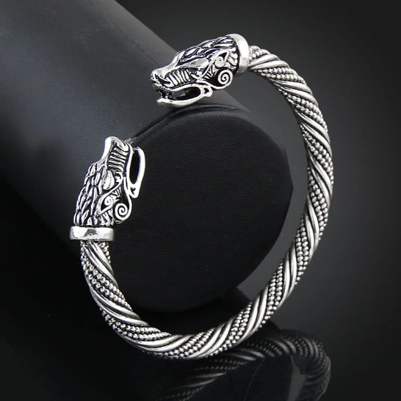 

New Indian Fashion Jewelry Double Wolf Head Bracelet Accessories Viking Golden/silver Bracelet Men Wristband Cuff Bracelets