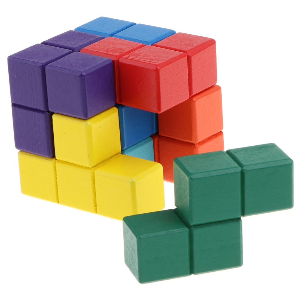 Красочные деревянные головоломки Коробка деревянный сома-куб укладки игры с 7 красочными кирпичами головоломки игрушки