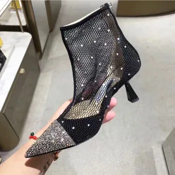 

kmeioo fashion summer boots women glitter shoes pointed toe high heels crystal ankle boots cut-outs thin heels dress shoes