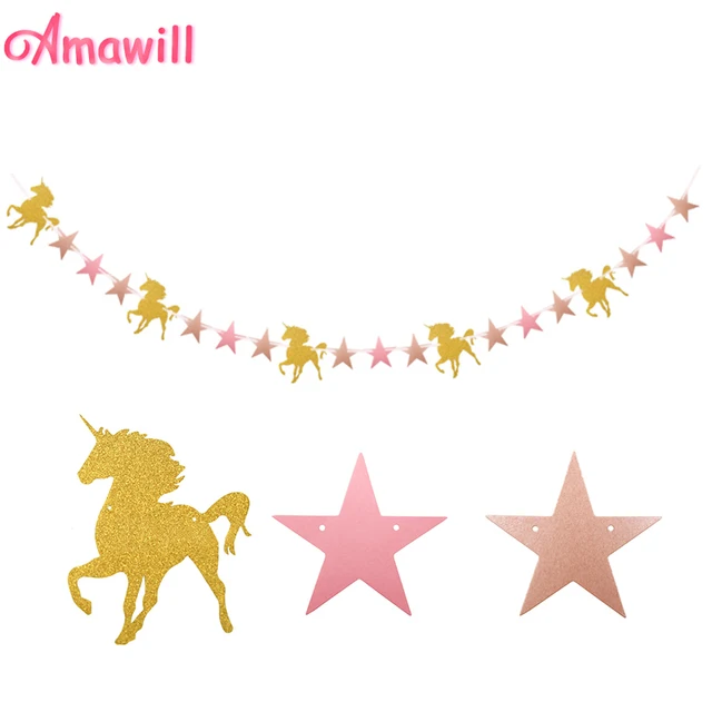 Amawill Gold Glitter Unicorn Star Paper Banner For Kids Birthday