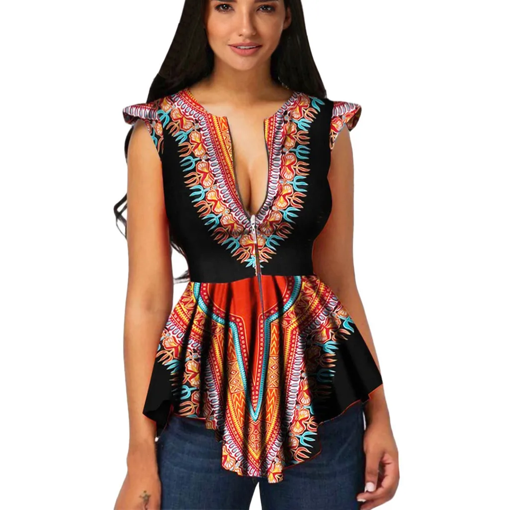 

retro womens tops and blouses 2019 Summer Zipper African Printing Sleeveless Tunic Shirt ladies slim drape blusas Femininas