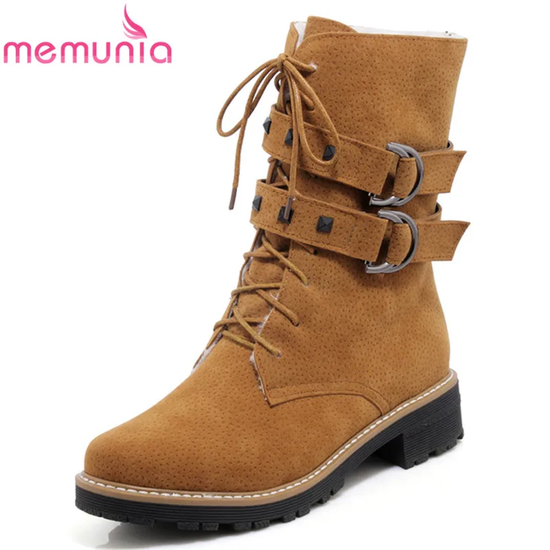 

MEMUNIA NEW arrival 2020 fashion boots round toe with buckle rivet ankle boots for women low heels casual winter lace up boots