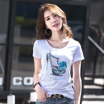 

2019 New Women Summer High Street Fashion Sequins Beading Rhinestone Handmade T Shirt Tops Ladies High Heel Shoes Printed Shirts