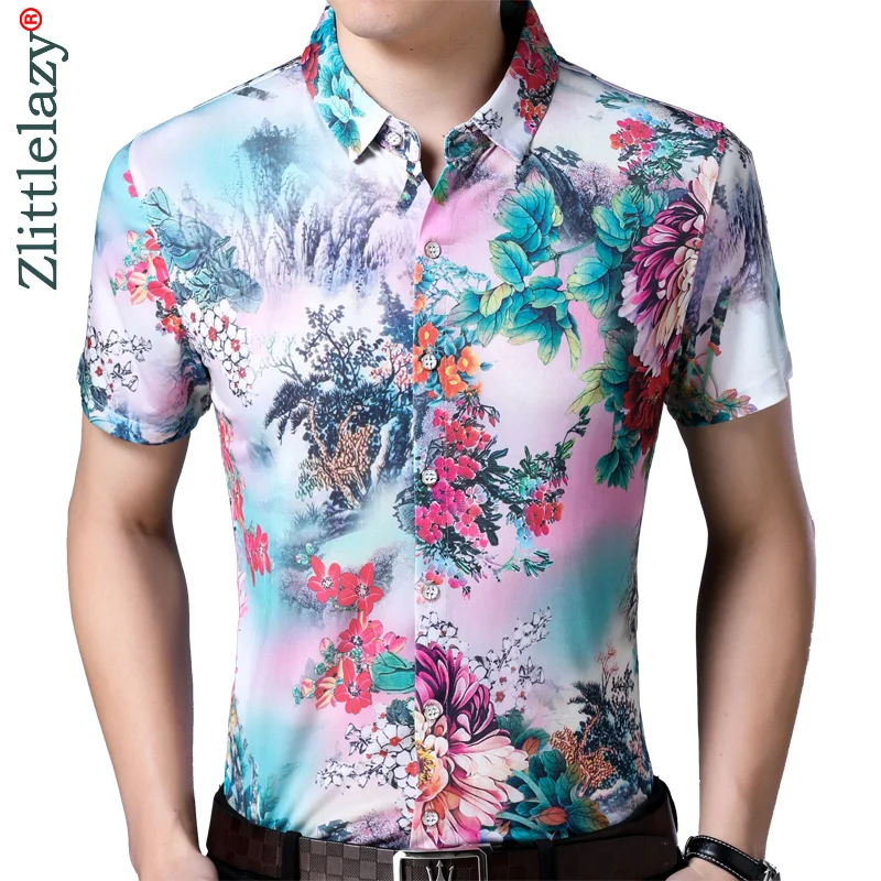 

2019 short sleeve social men flower hawaii shirt dress casual slim fit summer male shirts mens fashions streetwear clothing 5081