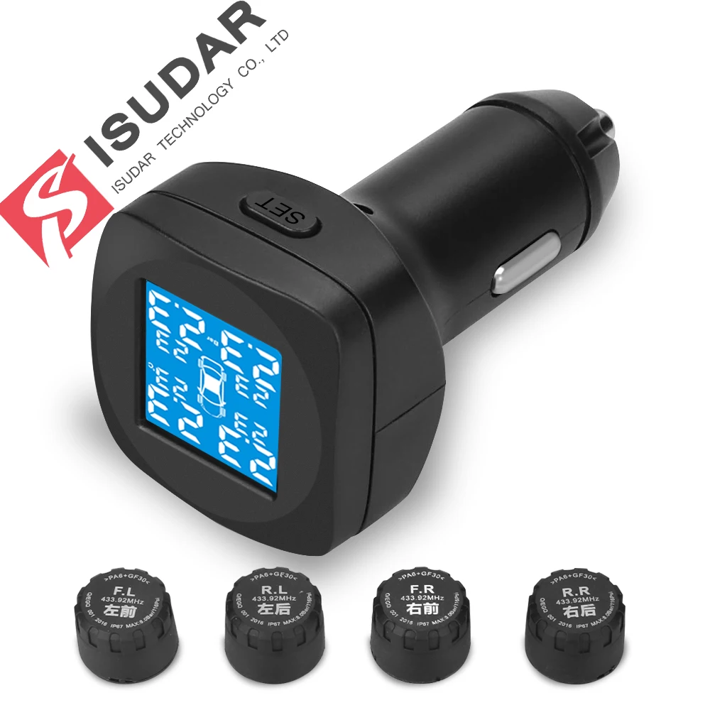 ISUDAR Wireless Smart TPMS Car Tire Pressure Alarm Monitor System 4 External Auto Temperature Alarm Cigarette Lighter 12V