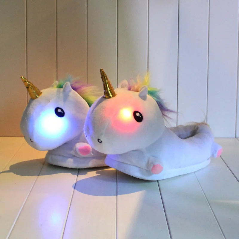 melhor 3 estilos 35 cm Unicórnio De Pelúcia Chinelos de Inverno Crianças Quentes Chinelos Em Casa LEVOU Luz Dos Desenhos Animados de Pelúcia Chinelos Sapatos Brancos