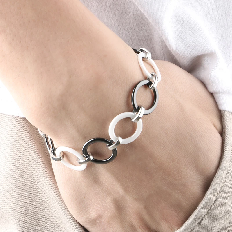 Модный черный белый крест керамический браслет для женщин из нержавеющей стали полый круглый керамический браслет ювелирные изделия ручной работы