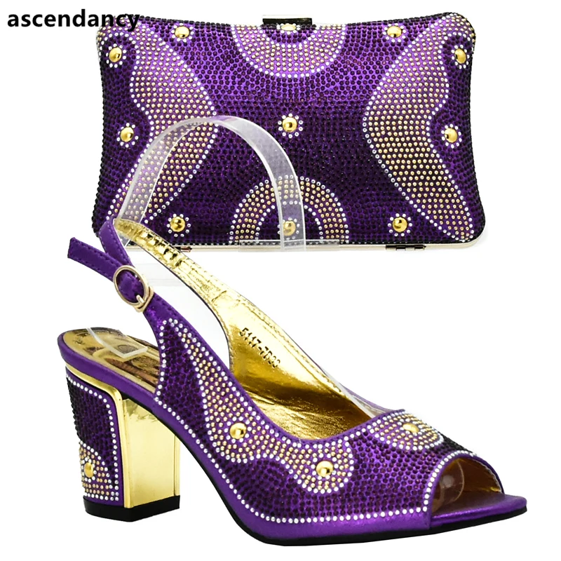 

New Arrival Purple Color Ladies Italian Shoes and Bag Set Decorated with Rhinestone African Women Wedding Shoes and Bags Sets