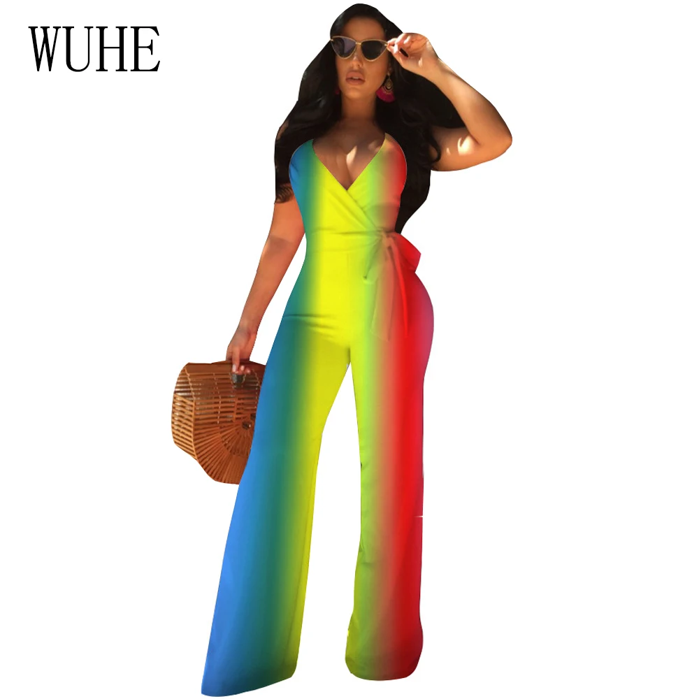 Buy WUHE Rainbow Print Sexy Jumpsuits V Neck