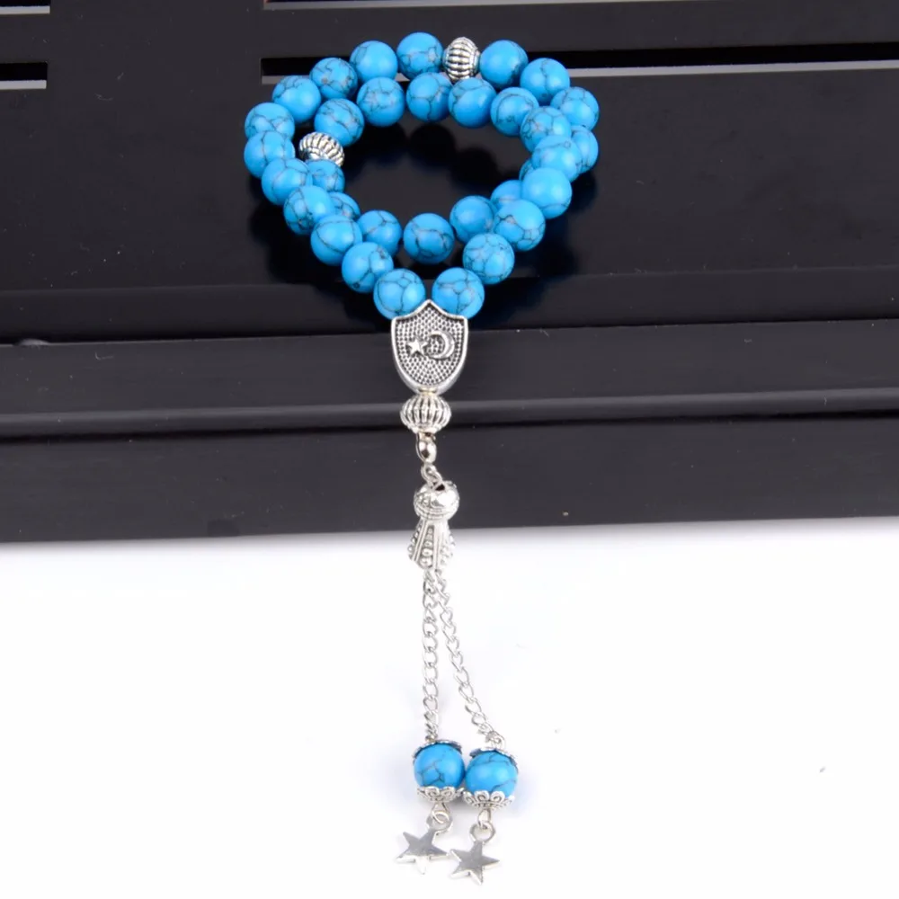 

Men Women Muslim Rosary Bracelet Prayer Beads Natural Mineral Blue Turquoises 33 Tasbih Fashion Charm Jewelry Handmade Bijoux