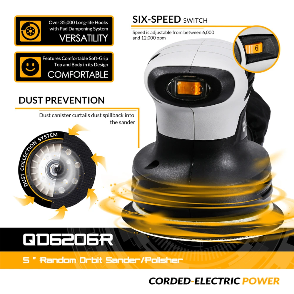 DEKO QD6206R 280W случайная орбитальная шлифовальная машина для древесины работает с 15