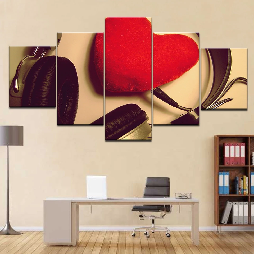 

Abstract Poster Frame Canvas Wall Art Pictures Modular 5 Panel Red Heart-shaped Headphone For Living Room Home Decor Painting