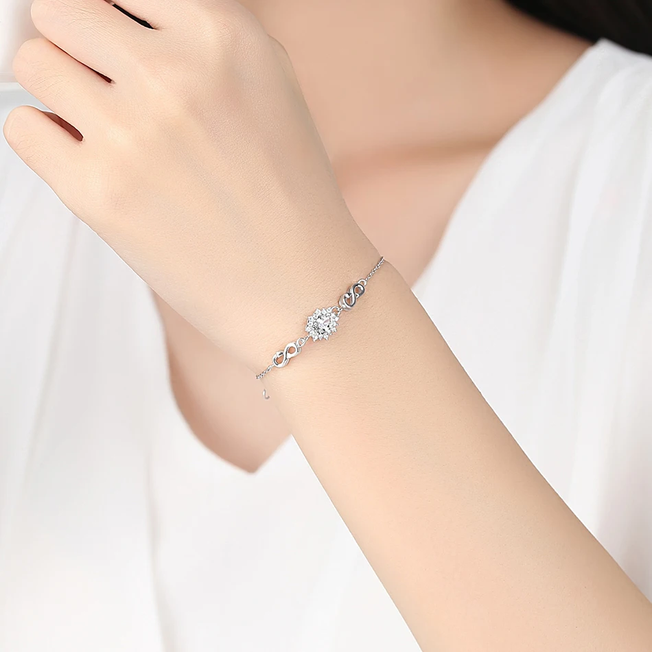 ELESHE 925 Sterling Silver Infinity Charm Bracelet with Round Crystal Adjustable Bracelets for Women Jewelry Christmas Gift