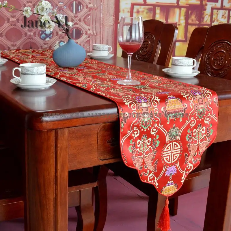 

JaneYU Chinese Style Multicolored With Cloud Head And Wavy Imitation Silk Brocade Chinese Tablecloth Table Runner